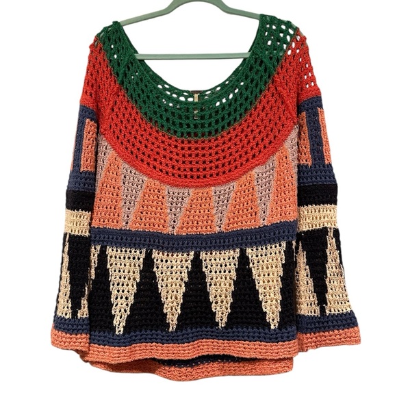 Free People Crochet Colorblock Open-Knit Sweater in Green, Red, Peach, Black - Picture 3 of 8